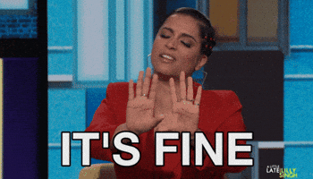 A woman gesturing with her hands "it's fine" caption on screen 

Lilly Singh Lol GIF by A Little Late With Lilly Singh